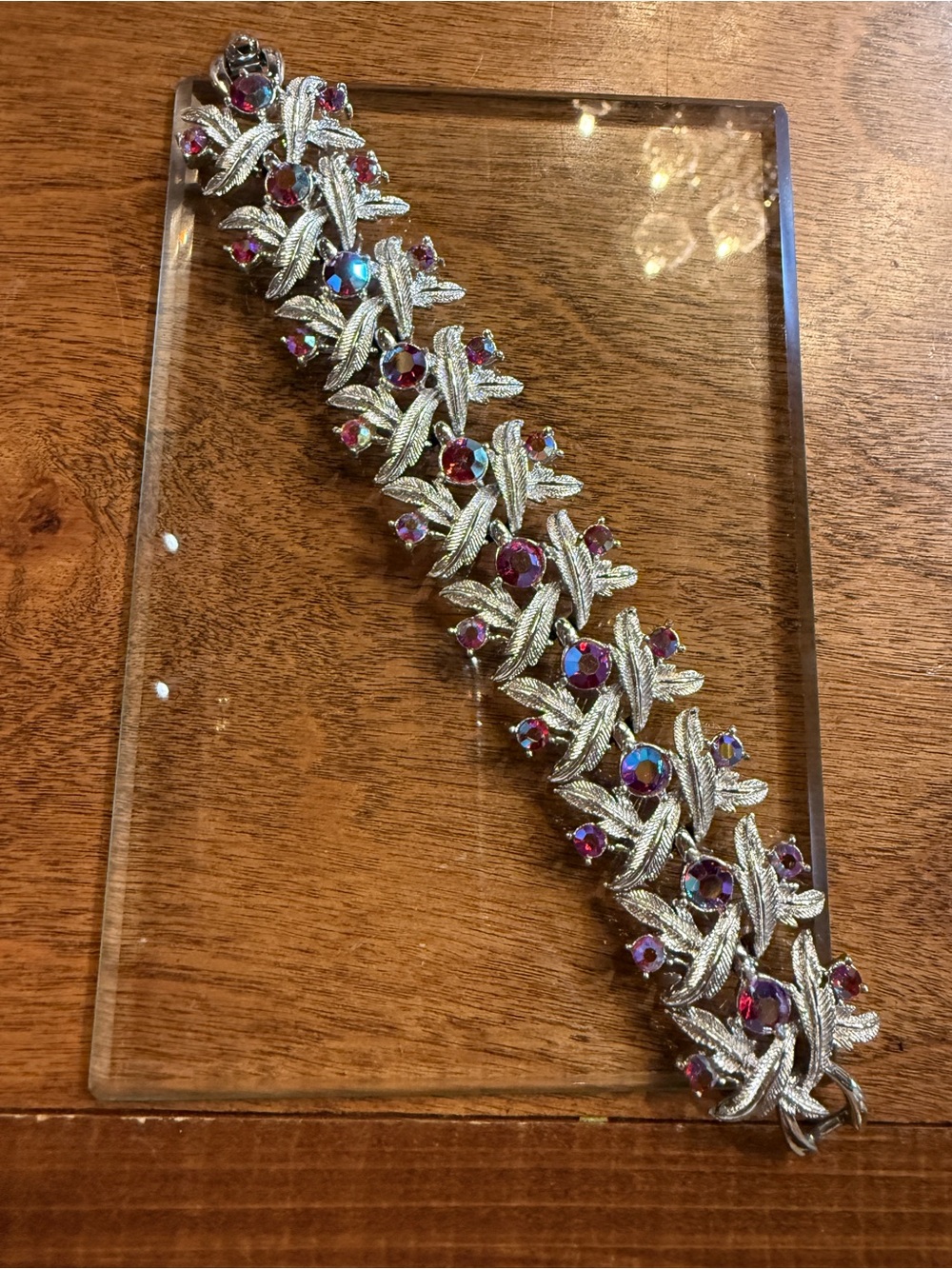 Vintage Silver Leaf Bracelet with Iridescent Fuchsia Crystal Accents